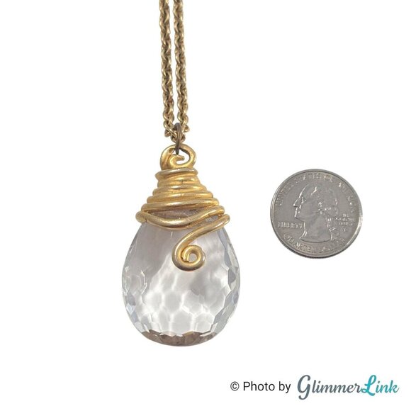 Vintage Large Acrylic Crystal Teardrop Gold Tone Pendant Necklace - Picture 7 of 11